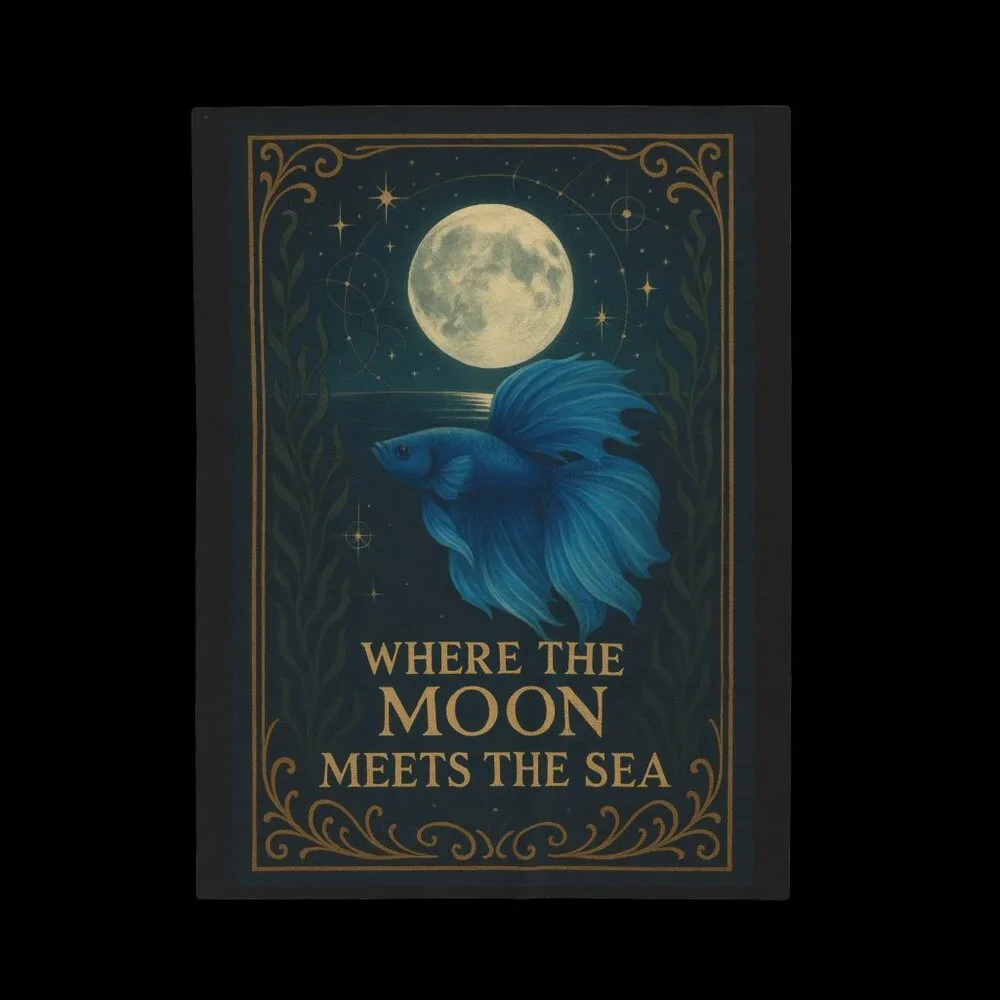 Mystical Moon & Sea Betta Fish Velveteen Blanket - Ocean Moonlight Throw 30x40" - Picture 1 of 4